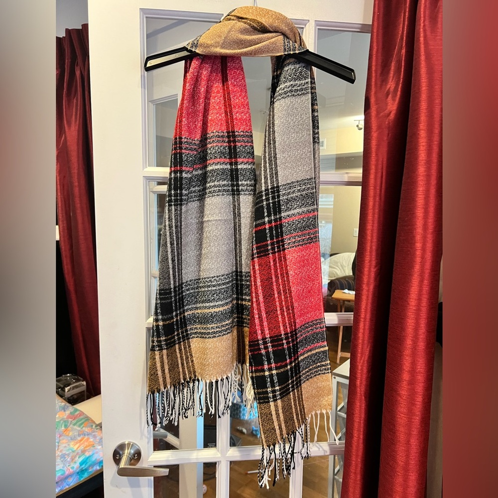 Classic Plaid Fringe Scarf in Red, Black & Tan - Brand Unspecified